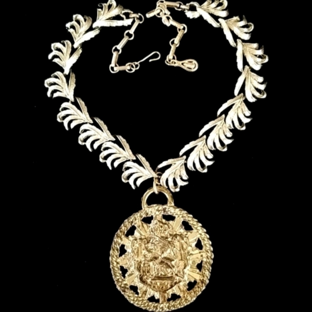 Vintage Handcrafted Repurposed Crest Medallion Gold Statement Necklace